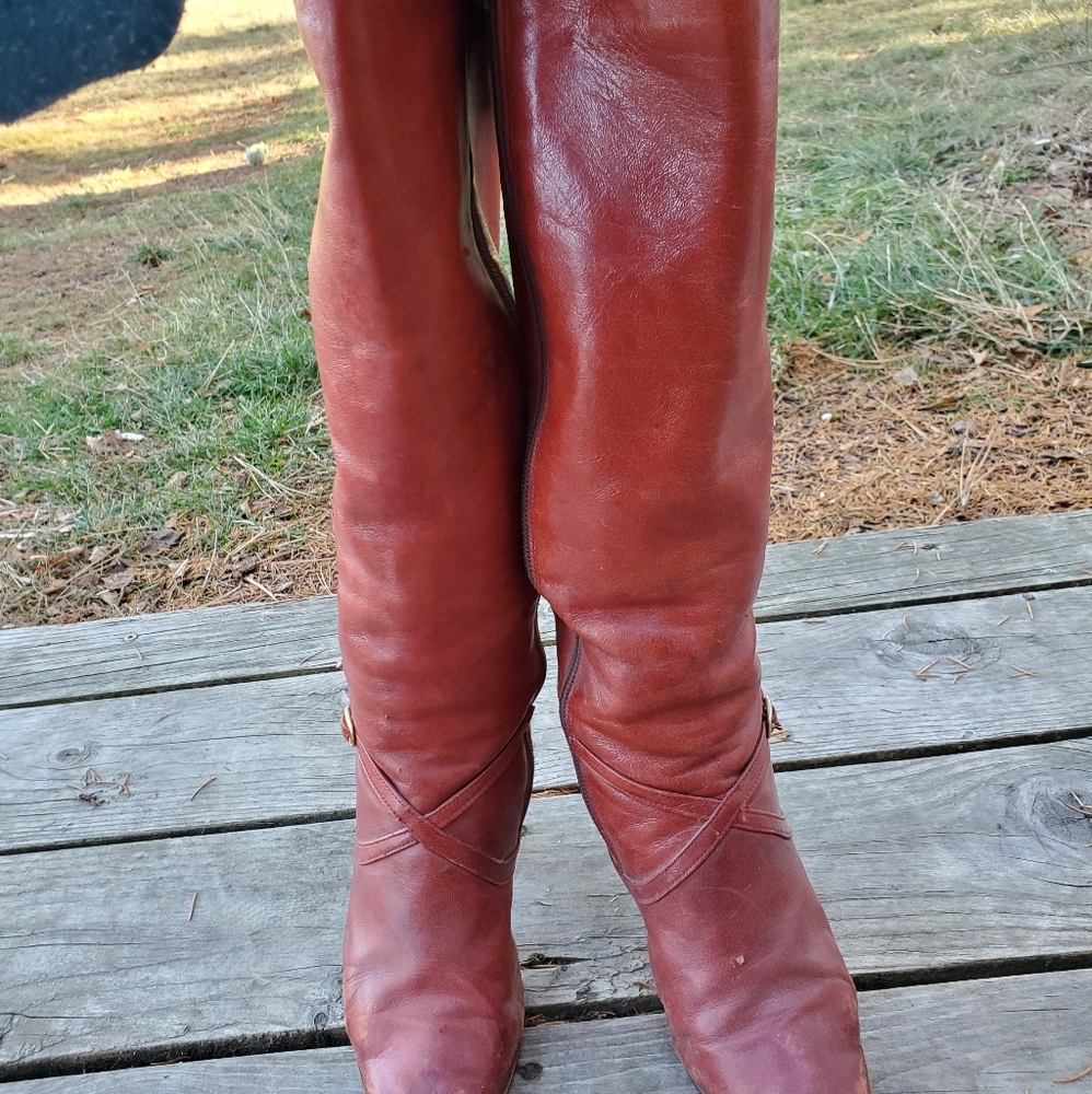 VINTAGE rust knee high zip-up heeled leather boots